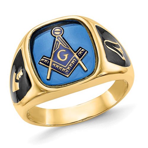 14k Yellow Gold Oblong Blue Lodge Ring with Blue Stone