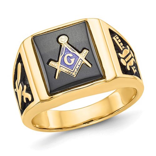 Masonic Ring Rectangular Black Stone Open Back 14k Yellow Gold