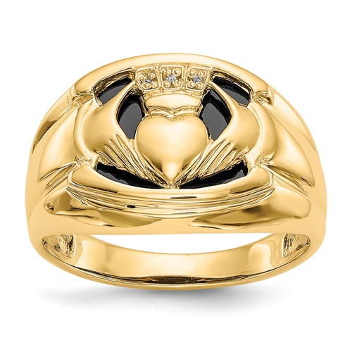 14k Yellow Gold Black Onyx Claddagh Ring with Diamond Accents