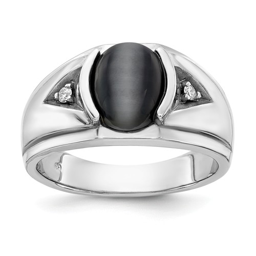 14k White Gold Men's Oval Cabochon Black Onyx Ring with Diamonds