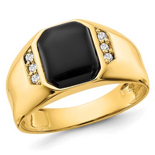 14k Yellow Gold Men's Octagonal Onyx Ring with Diamond Accents