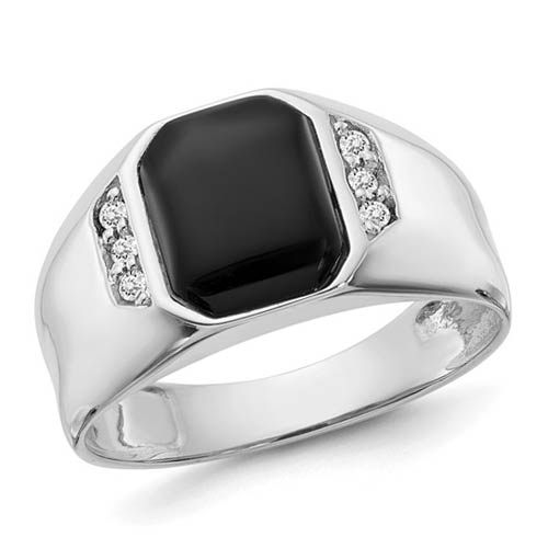 14k White Gold Men's Octagonal Onyx Ring with Diamond Accents