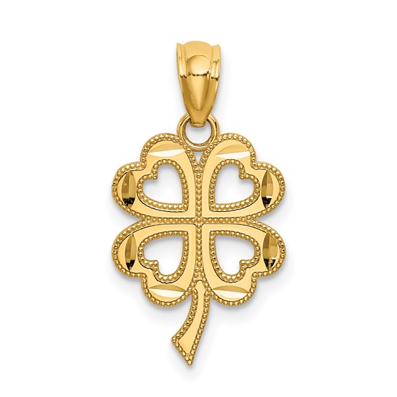 14k Yellow Gold Four Leaf Clover Pendant with Hearts