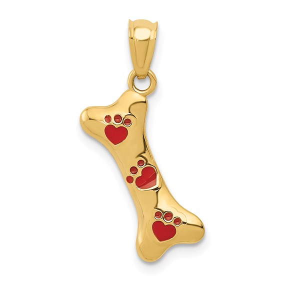 14kt Yellow Gold 5/8in Dog Bone with Red Enamel Paw Prints