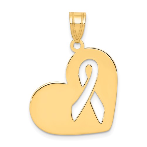 14k Yellow Gold Heart With Cut Out Awareness Ribbon Pendant 3/4in
