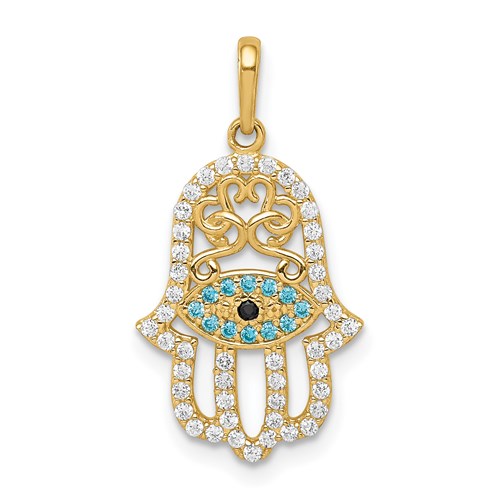 14k Yellow Gold CZ Hamsa Pendant 5/8in
