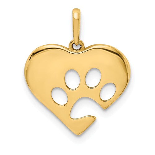 14k Yellow Gold Paw Print Heart Pendant 1/2in