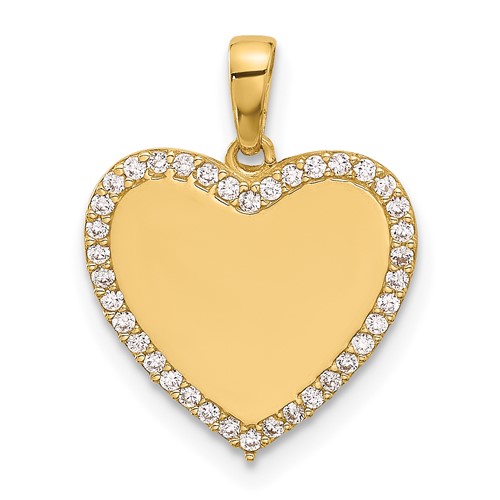 14k Yellow Gold Smooth Heart Pendant With Cubic Zirconia Border