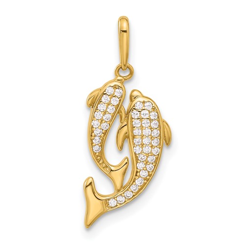 14k Yellow Gold CZ Two Dolphins Pendant