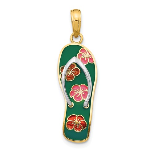 14k Yellow Gold Green Flip Flop Pendant with Flowers