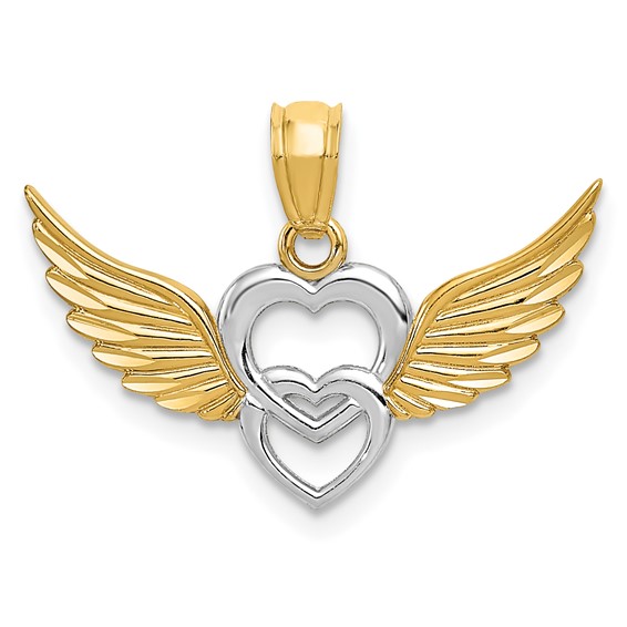 14kt Two-tone Gold 3/4in Heart and Wings Pendant