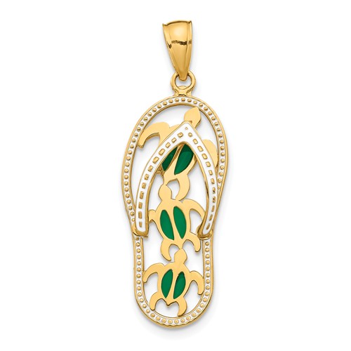 14k Yellow Gold White Enamel Flip-Flop Pendant with Green Sea Turtles