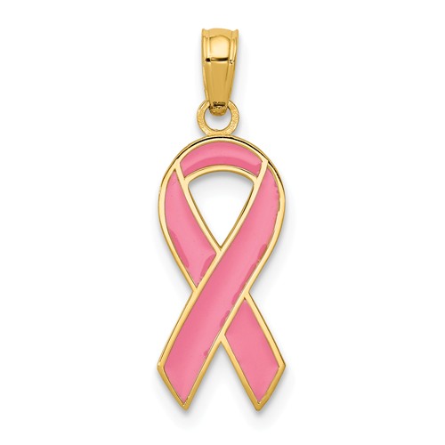 14k Yellow Gold Pink Enameled Ribbon Pendant
