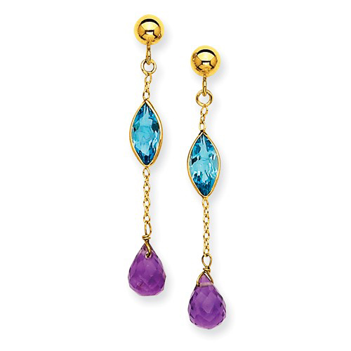 14kt Yellow Gold Amethyst and Blue Topaz Dangle Chain Earrings