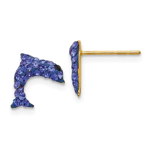 14k Yellow Gold Crystal Blue Dolphin Stud Earrings