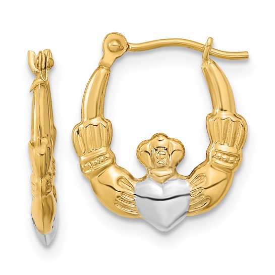 14kt Yellow Gold Rhodium 5/8in Claddagh Hoop Earrings