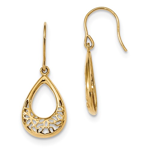 14k Yellow Gold Teardrop Hook Earrings with Floral Design 1 1/4in YE1804