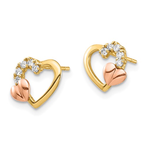 14k Yellow Gold Cubic Zirconia Heart Earrings with 14k Rose Gold Hearts