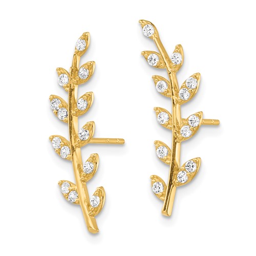 14k Yellow Gold Cubic Zirconia Fern Ear Climber Earrings