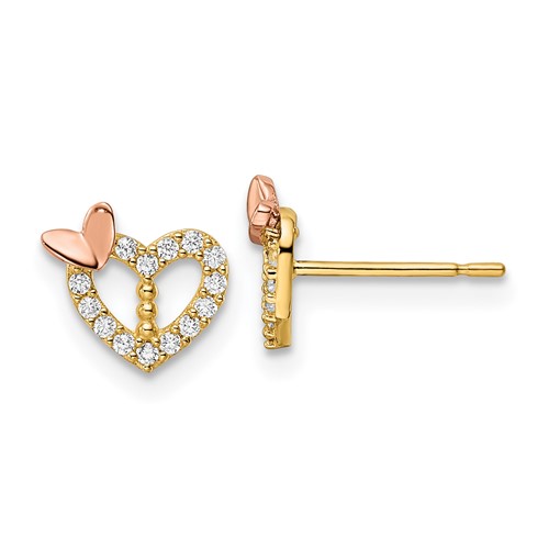 14k Two-tone Gold Cubic Zirconia Heart With Butterfly Earrings