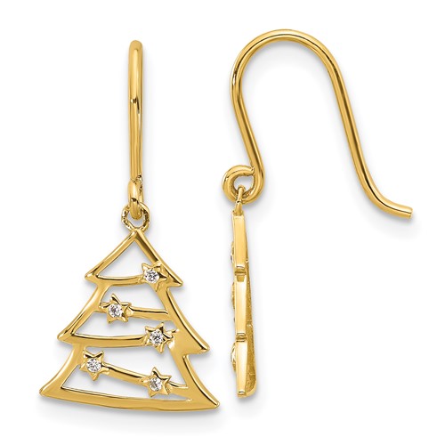 14k Yellow Gold Cubic Zirconia Christmas Tree Dangle Earrings