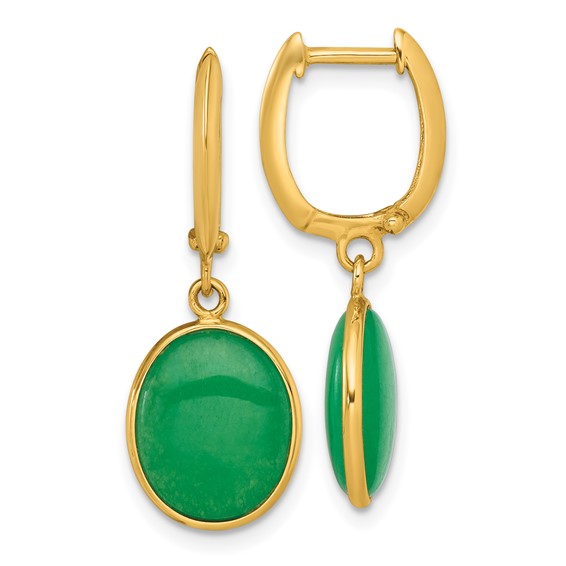 14k Yellow Gold Oval Jade Cabochon Dangle Hinged Hoop Earrings