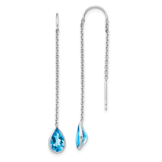14kt White Gold Pear Blue Topaz Bezel Threader Earrings