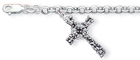 Men's Antiqued Cross Rolo Bracelet 8in - Sterling Silver