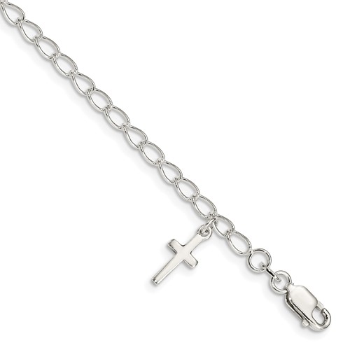 Sterling Silver 6in Children's Dangle Cross Charm Bracelet