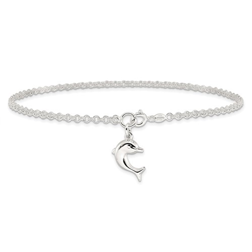 Sterling Silver 9in Dolphin Charm Anklet