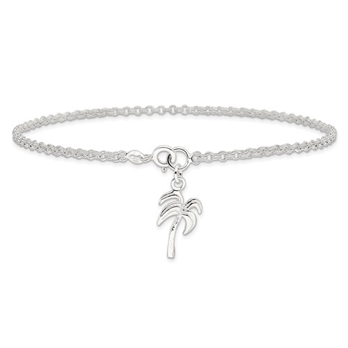 Sterling Silver 10in Solid Polished Palm Tree Anklet