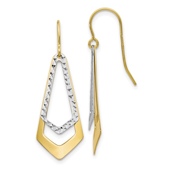 10kt Two-tone Gold Pointed Diamond-cut Dangle Earrings