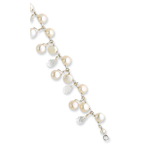 7in Sterling Silver White Cultured Button Pearl Crystal Bracelet