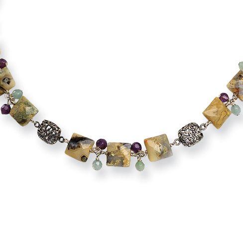 Antiqued Amethyst Green Agate Jasper 16in Necklace - Sterling Silver