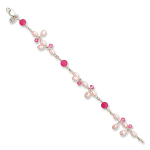 7.5in Strawberry Quartz Pink Cultured Pearl and Crystal Bracelet