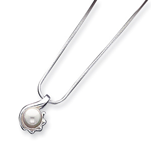 Sterling Silver Simulated Pearl Pendant with 16in Snake Chain