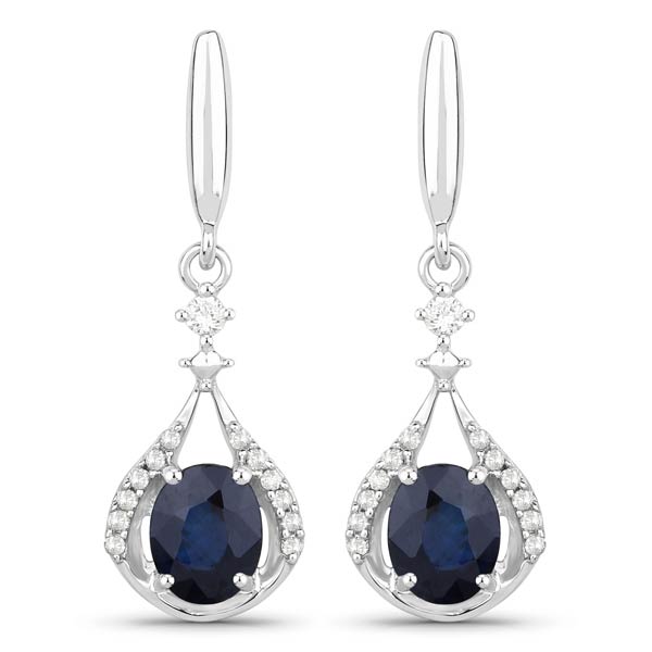 14k White Gold 0.76 ctw Blue Sapphire and Diamond Dangle Earrings