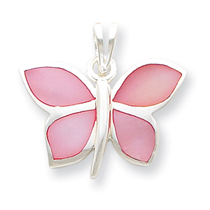 Sterling Silver Pink Shell Butterfly Pendant 7/8in