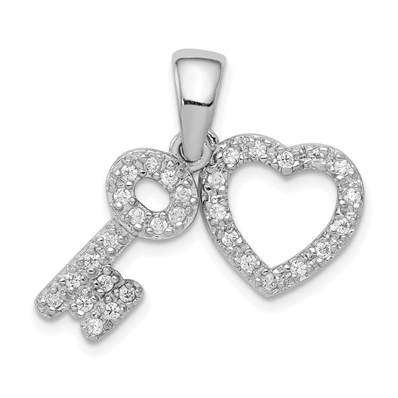 Sterling Silver CZ Heart & Key Fancy Pendant