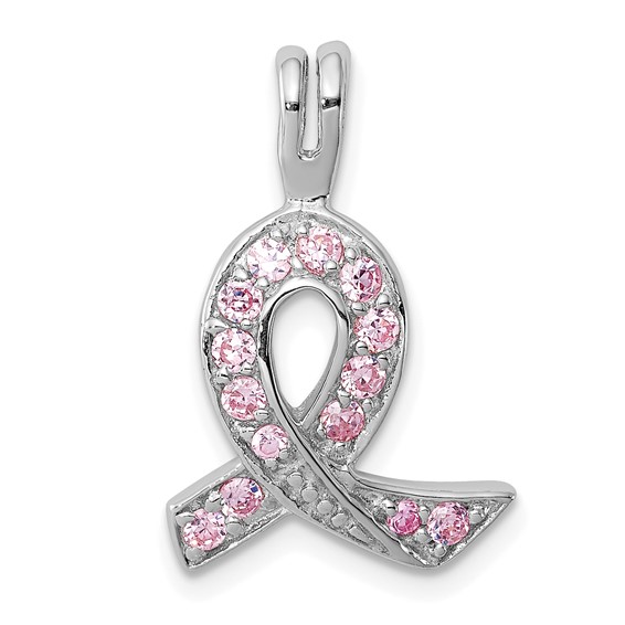 Sterling Silver 7/8in Pink CZ Ribbon Pendant