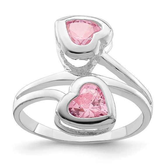 Pink CZ Two Hearts Ring Sterling Silver
