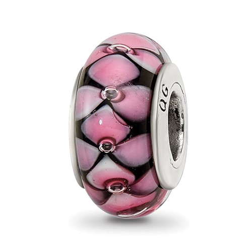 Sterling Silver Reflections Black Pink Hand-blown Glass Bead