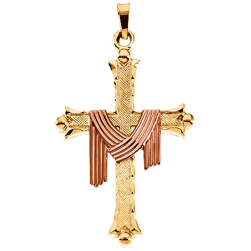 Hollow Cross Pendant with Robe 1in 14k Yellow and Rose Gold