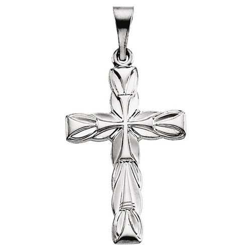 14k White Gold Cross Pendant with Sculpted Texture 3/4in