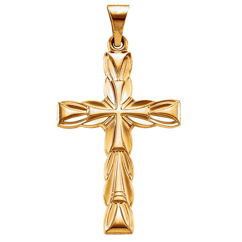 14k Yellow Gold Cross Pendant with Sculpted Texture 3/4in