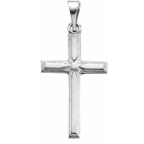 14k White Gold Cross Pendant with Square Center Accent 3/4in