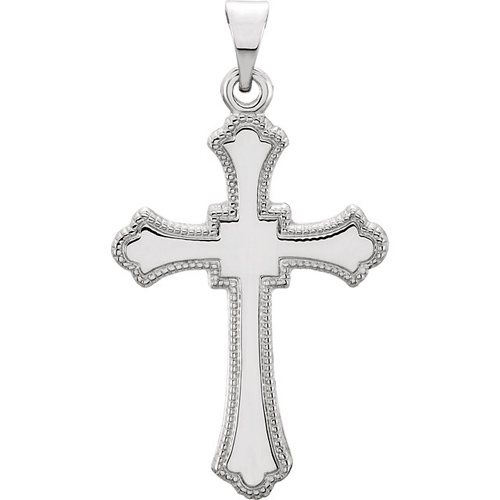 14kt White Gold 7/8in Budded Cross with Beaded Edge