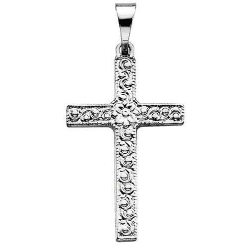 14k White Gold 3/4in Floral Cross Pendant with Vine Design