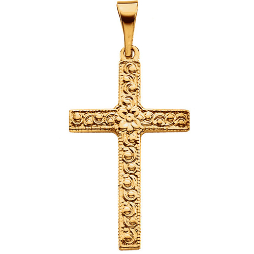 14k Yellow Gold 3/4in Floral Cross Pendant with Vine Design