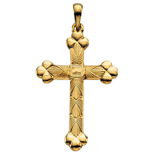 14k Yellow Gold Fancy Textured Budded Cross 1 1/4in